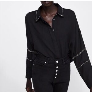 ZARA Black Button-Down Blouse with Silver Stud Detail xl